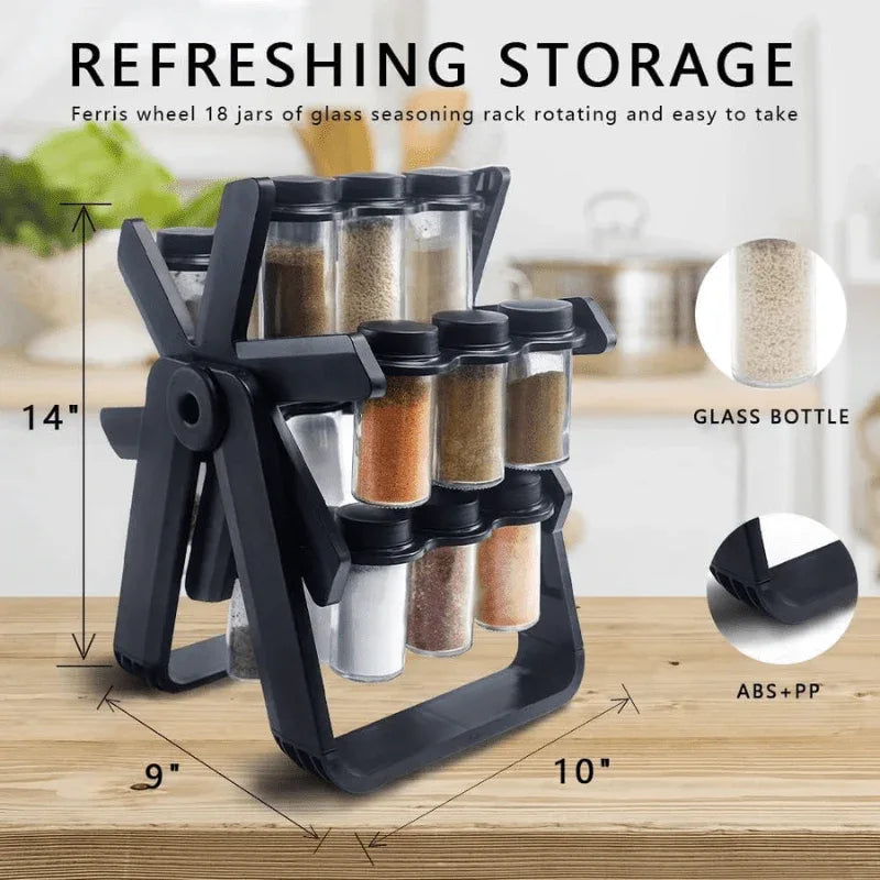 360° Rotating Ferris Wheel Spice Rack with 18 Glass Jars - Yalla Deals