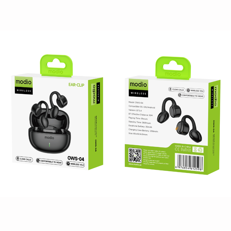 Modio OWS-04 Open Ear Wireless Earbuds – Bluetooth 5.3 Ear-Clip Headphones with ENC & HD Sound